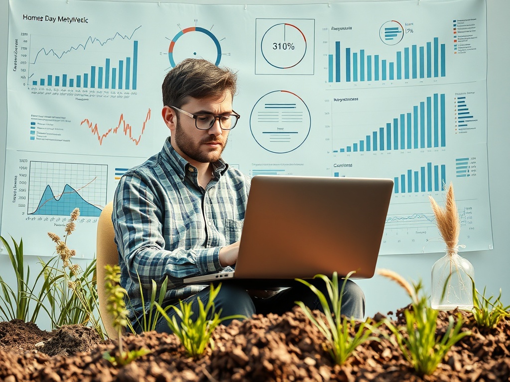 A man in a plaid shirt works on a laptop, surrounded by graphs on a wall and plants in the soil.